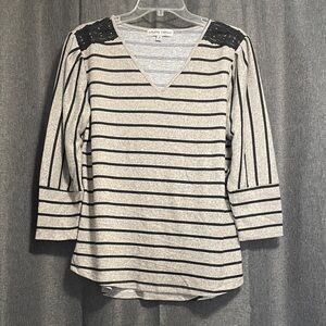 Absolutely Famous Gray & Black Striped V‑Neck Sweater with Lace Shoulders
